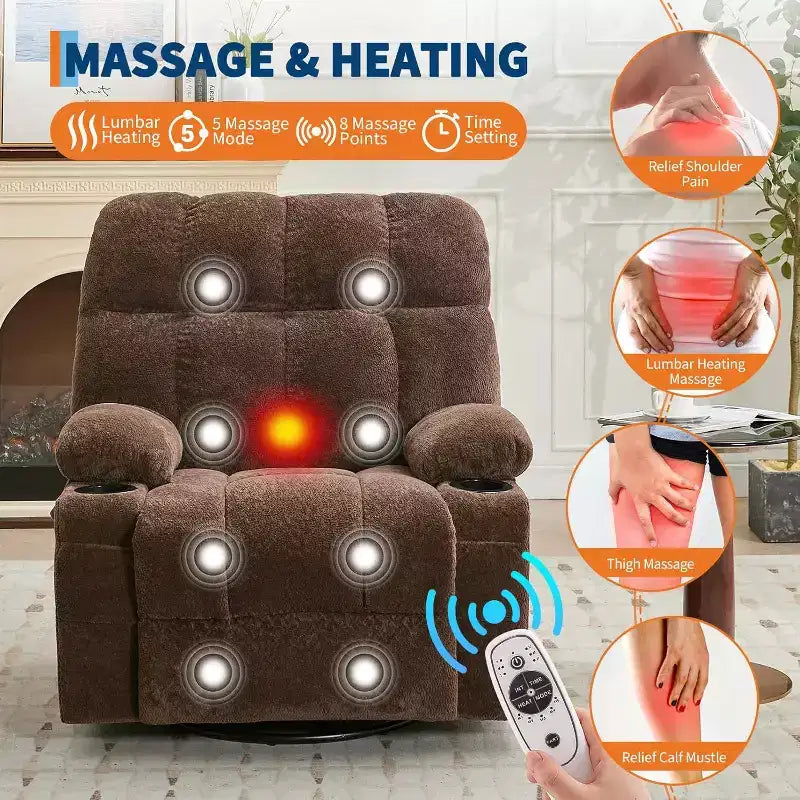 Fauteuil inclinable surdimensionné pour adultes, canapé berçant pivotant manuel, poches latérales et porte-gobelets pour personnes fortes et de grande taille, salon