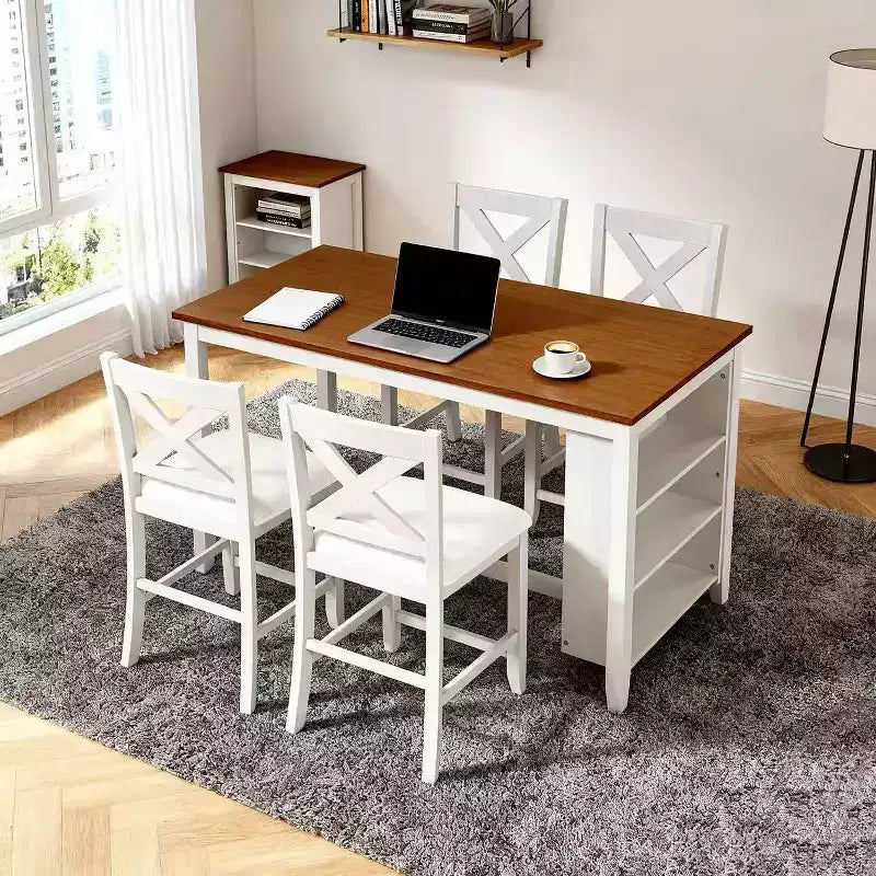 Ensemble table et chaises Homy Casa 5 pièces hauteur comptoir avec étagères de rangement, blanc et noyer, style ferme moderne