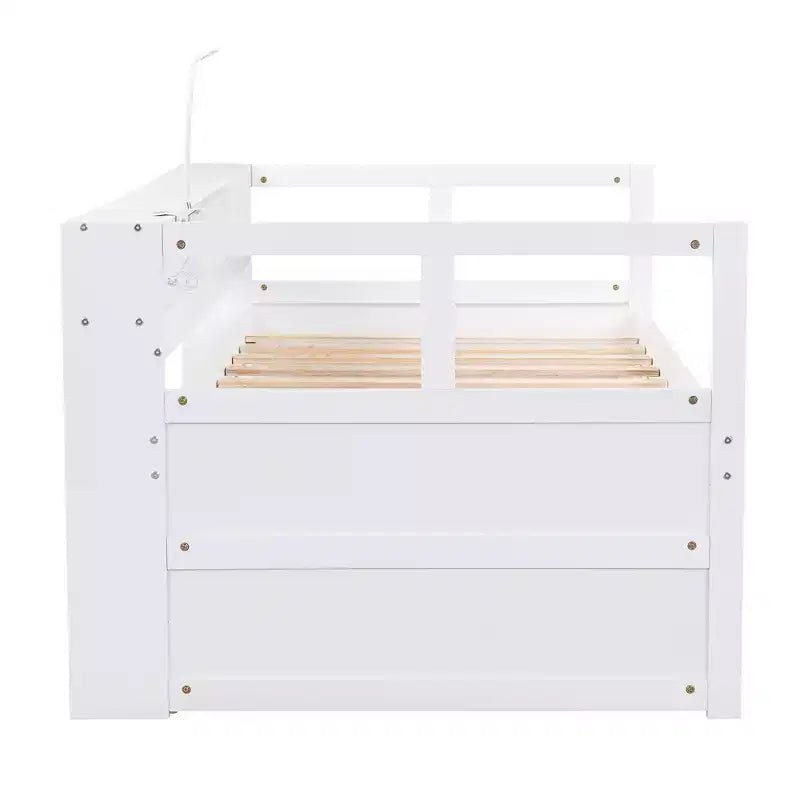 Lit de repos double XL Whisen en bois avec 2 lits gigognes, 3 compartiments de rangement, 1 lampe gratuite et port de chargement USB