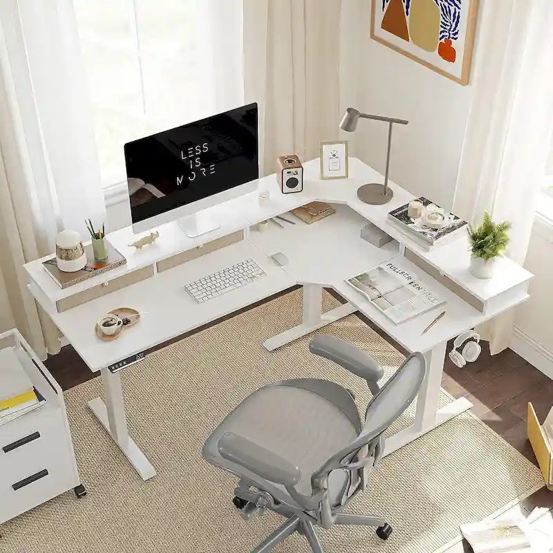 Bureau d'angle électrique debout avec 3 tiroirs et roulettes verrouillables, 160