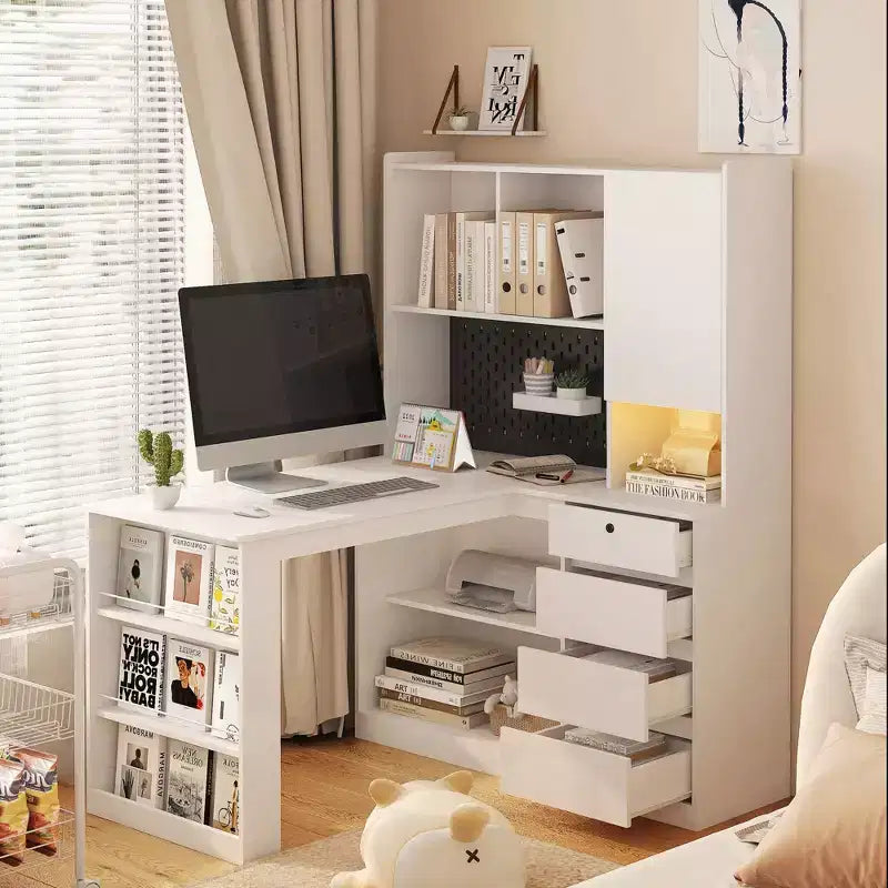 Bureau d'angle en L de 46 pouces avec bibliothèque et tiroirs