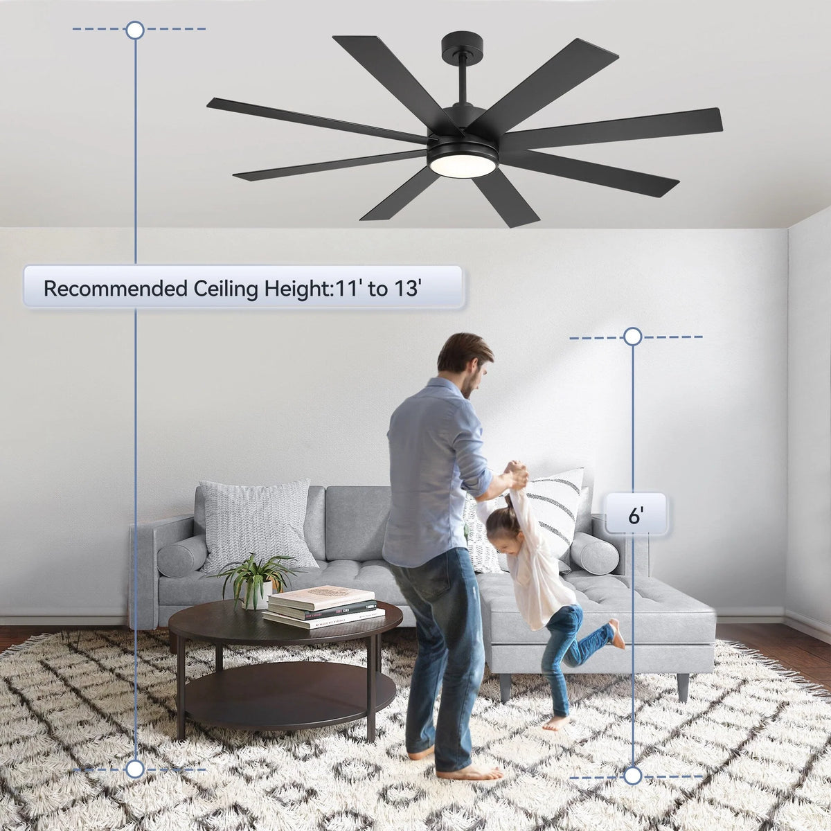 Ventilateur de plafond de 65 pouces à 8 pales noires avec lumière LED et télécommande