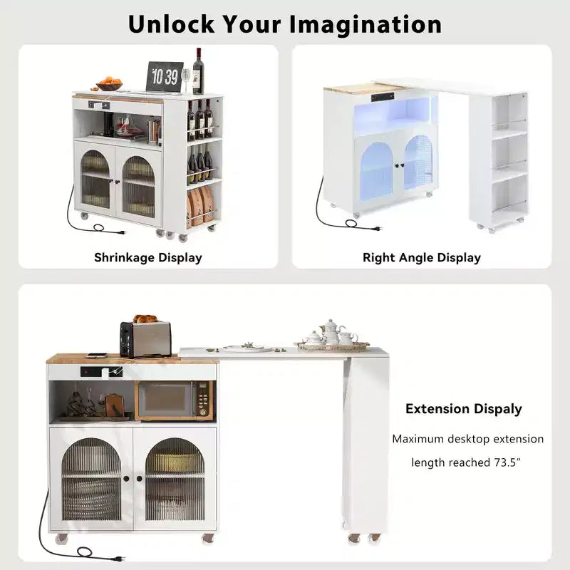 Îlot de cuisine roulant avec 2 portes en verre, Desserte de cuisine avec table extensible et prises de courant, Îlot de cuisine avec étagères ouvertes latérales