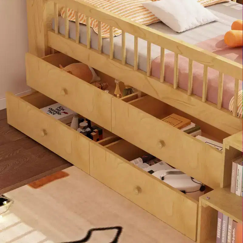 Lit mezzanine bas Whisen avec lumières LED, tête de lit en forme de maison et tiroirs de rangement, construction robuste