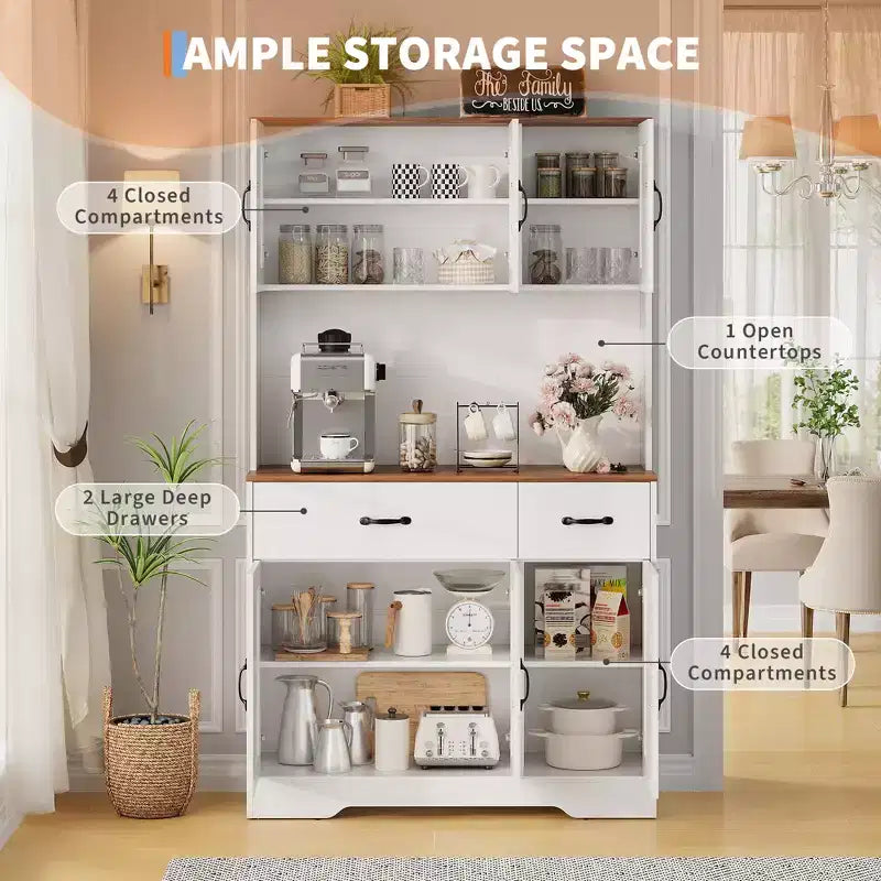 Meuble de cuisine de 71 pouces avec station de recharge, grand plan de travail, support à micro-ondes et 2 tiroirs, rangement de type « hutch » pour salle à manger et salon