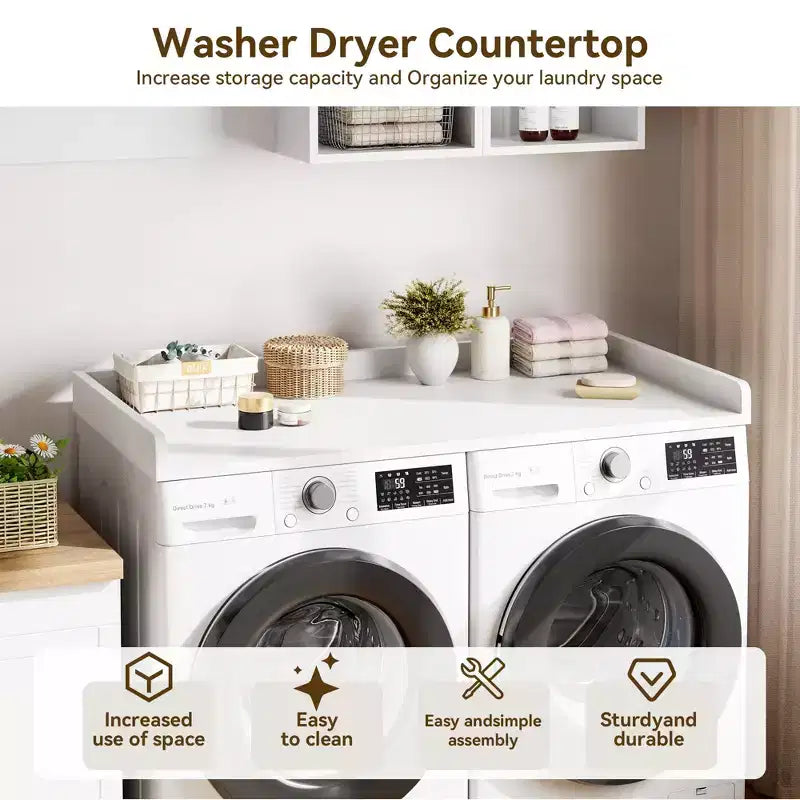 Comptoir pour lave-linge-sécheuse, dessus de machine à laver avec bord surélevé et tapis antidérapant pour le rangement des paniers à linge et l'organisation de la buanderie