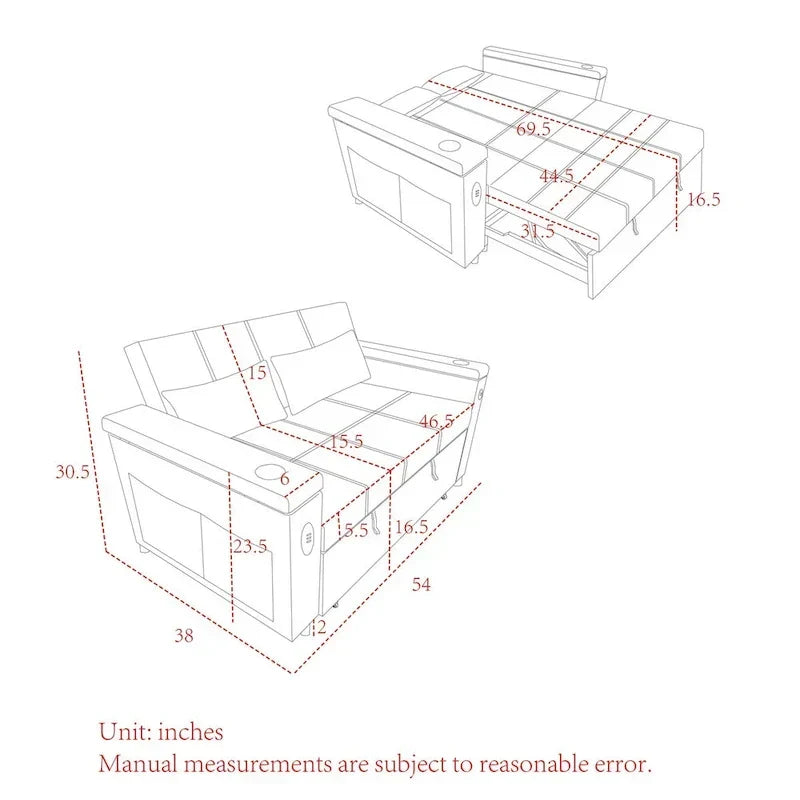 Canapé-lit gigogne 54 po, canapé-lit inclinable 2 places avec rangement, oreiller lombaire, prise USB