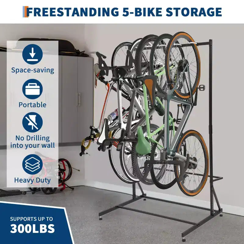 Range de rangement pour 5 vélos autoportant avec une capacité de 136 kg, organisateur robuste pour un maintien sûr et stable des vélos pour les cours avant et arrière