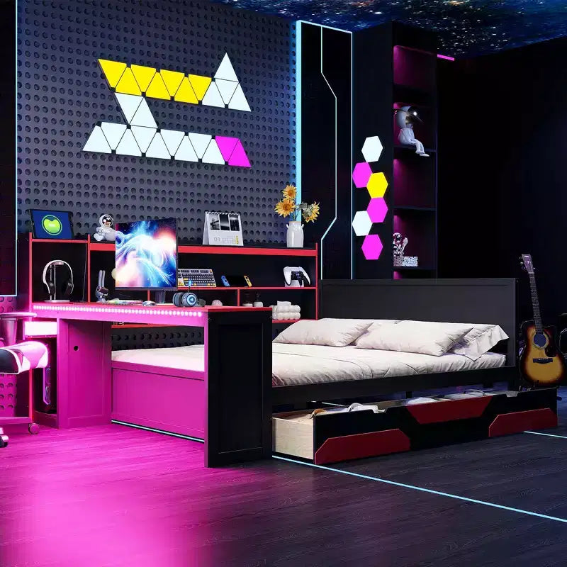 Lit de repos de jeu double/grand avec tête de lit bibliothèque, lumières LED, bureau intégré, tiroirs et station de charge