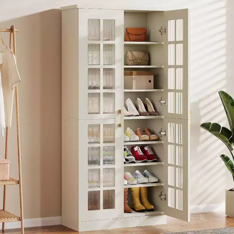 Meuble à chaussures haut Lantine avec portes, rangement à chaussures à 8 niveaux avec étagères réglables, armoire à chaussures moderne pour couloir, placard, salon, blanc