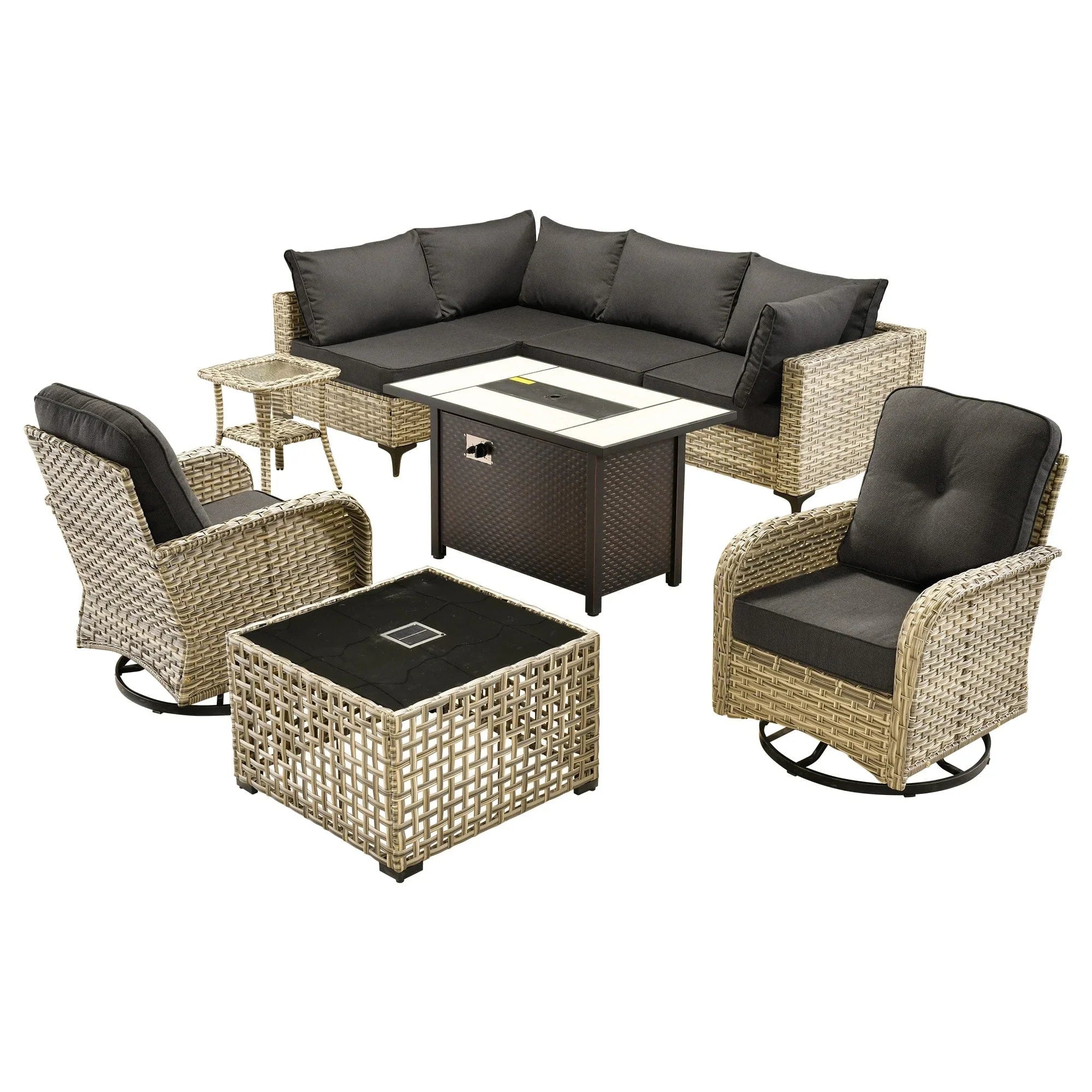 Ensemble de 9 chaises pivotantes en osier d'extérieur OVIOS avec table brasero