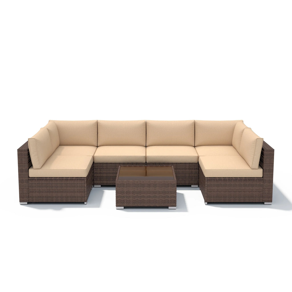 Ensemble de canapé d'angle d'extérieur 7 pièces en osier/acier avec coussins