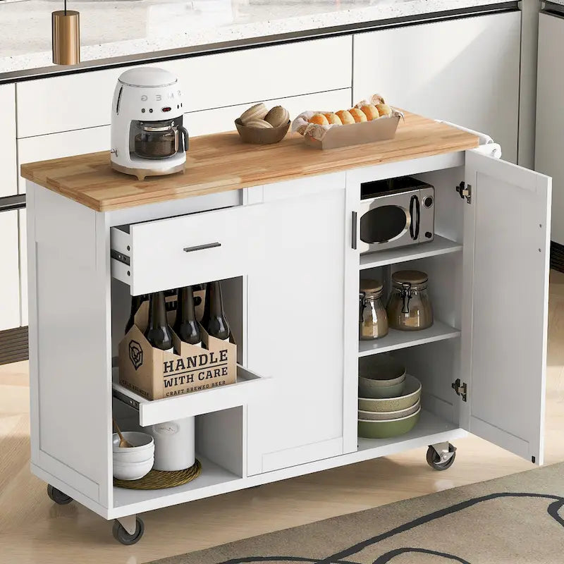 Îlot de cuisine avec plan de travail pliable, desserte de rangement de cuisine avec étagère coulissante, porte-serviettes et tiroir, roulettes.