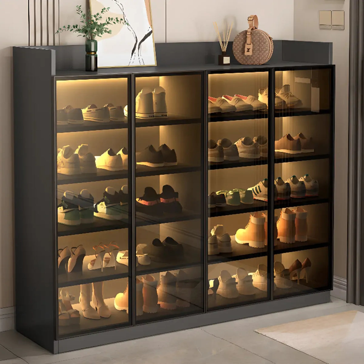 Meuble à chaussures éclairé par LED avec étagères réglables Portes transparentes