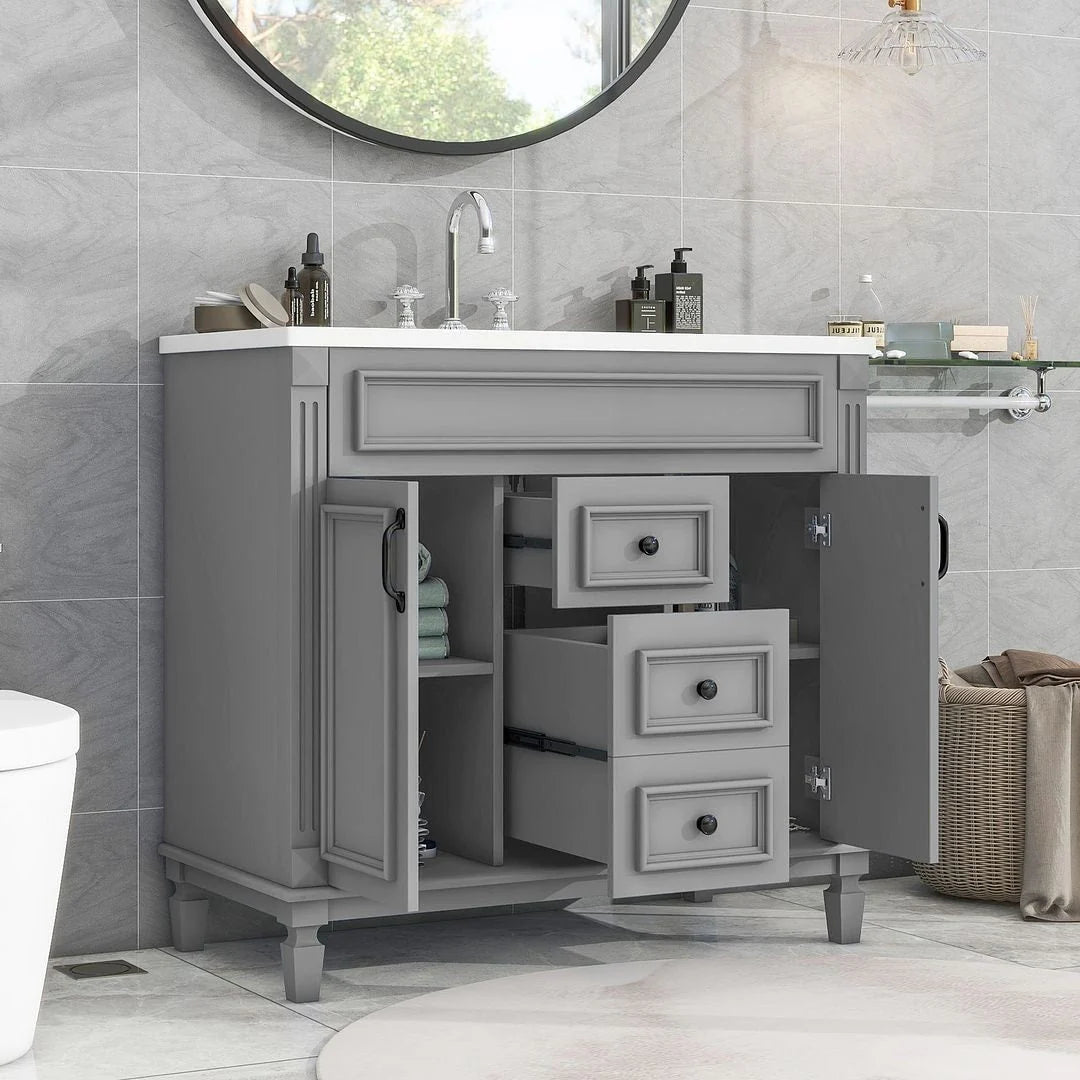 Meuble-lavabo de salle de bain moderne de 91 cm avec lavabo et armoire de toilette, 2 portes et 2 tiroirs