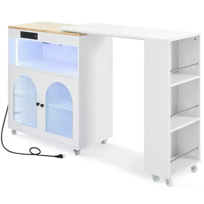 Îlot de cuisine roulant avec 2 portes en verre, Desserte de cuisine avec table extensible et prises de courant, Îlot de cuisine avec étagères ouvertes latérales