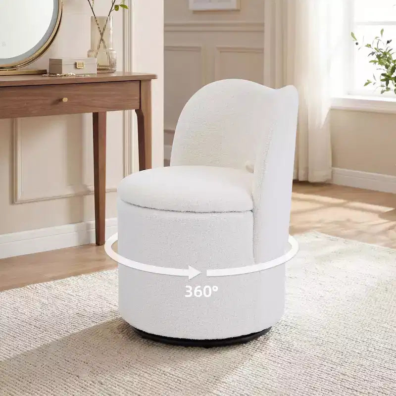 Chaise de vanité pivotante avec rangement, tabouret de maquillage rond rembourré avec dossier, fauteuil d'appoint rembourré doux pour chambre et salon