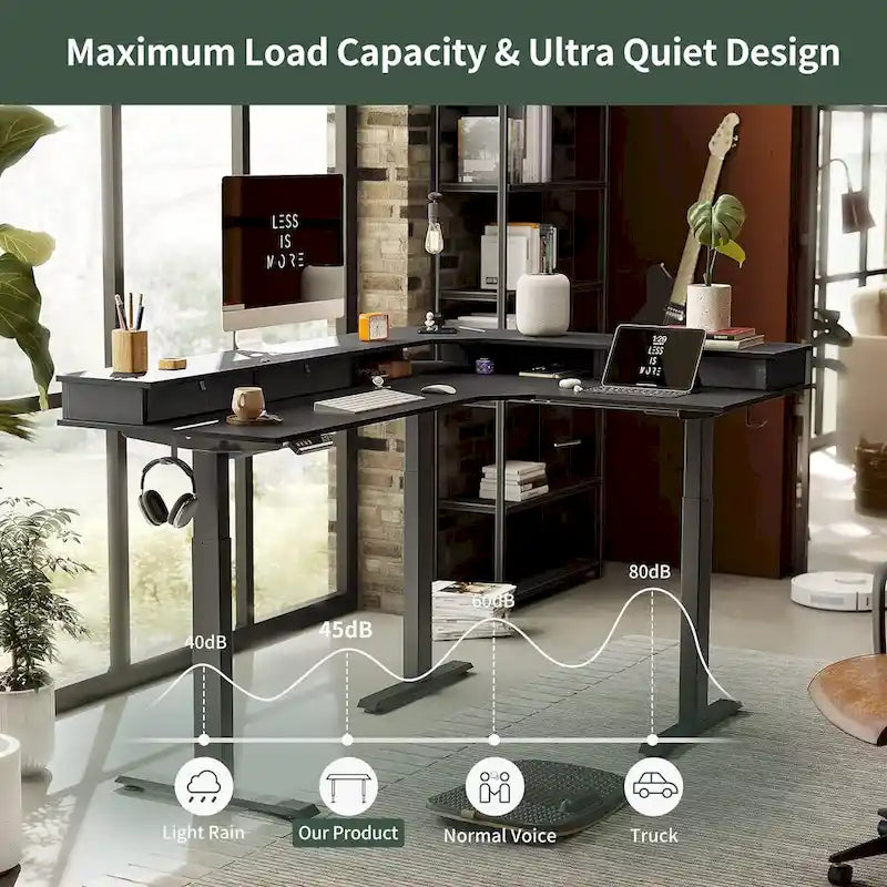 Bureau d'angle électrique debout avec 3 tiroirs et roulettes verrouillables, 160
