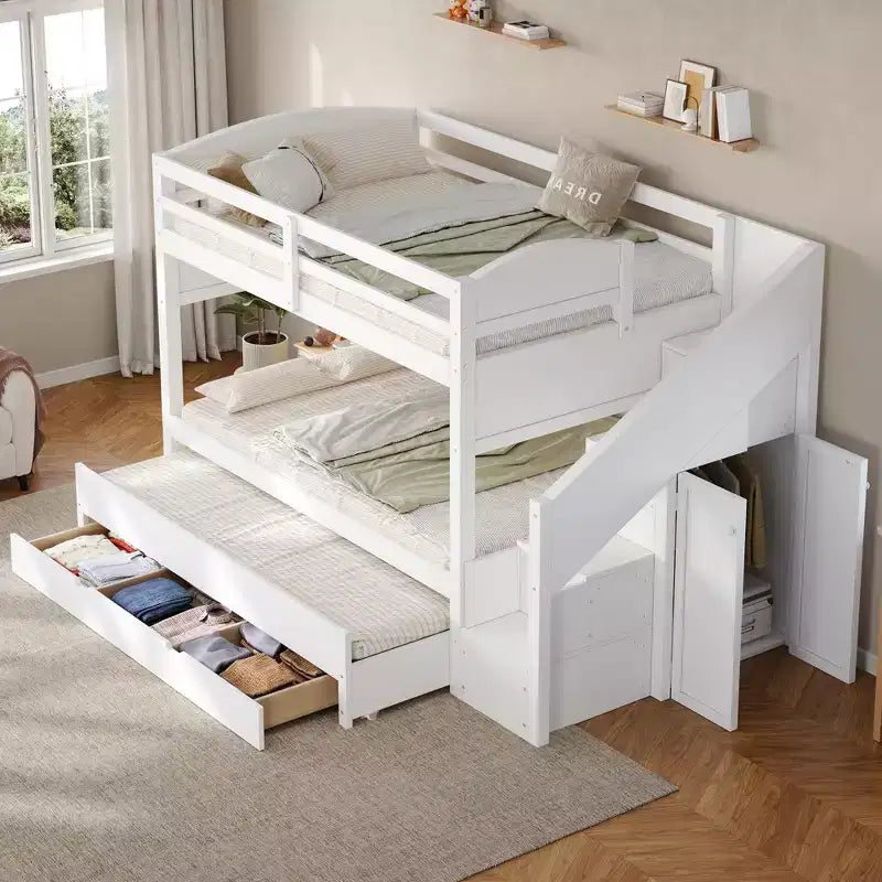 Lit superposé Whisen Twin XL avec lit gigogne, lit superposé avec rangement, lit superposé en bois massif, escalier de rangement, armoire, 3 tiroirs, pour enfants