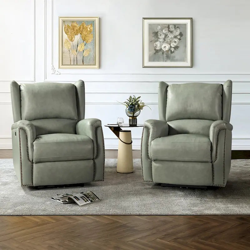 Fauteuil inclinable électrique en cuir véritable avec port USB – Dossier ailé clouté, ensemble de 2