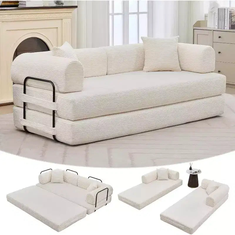 Canapé-lit convertible 4-en-1, matelas de sol pliant sans cadre en velours côtelé de 79 po avec oreiller, causeuse sans assemblage pour petit appartement
