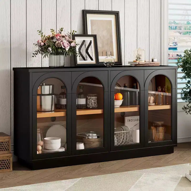 Buffet de rangement 4 portes avec portes vitrées, meuble arqué avec étagères réglables pour la cuisine
