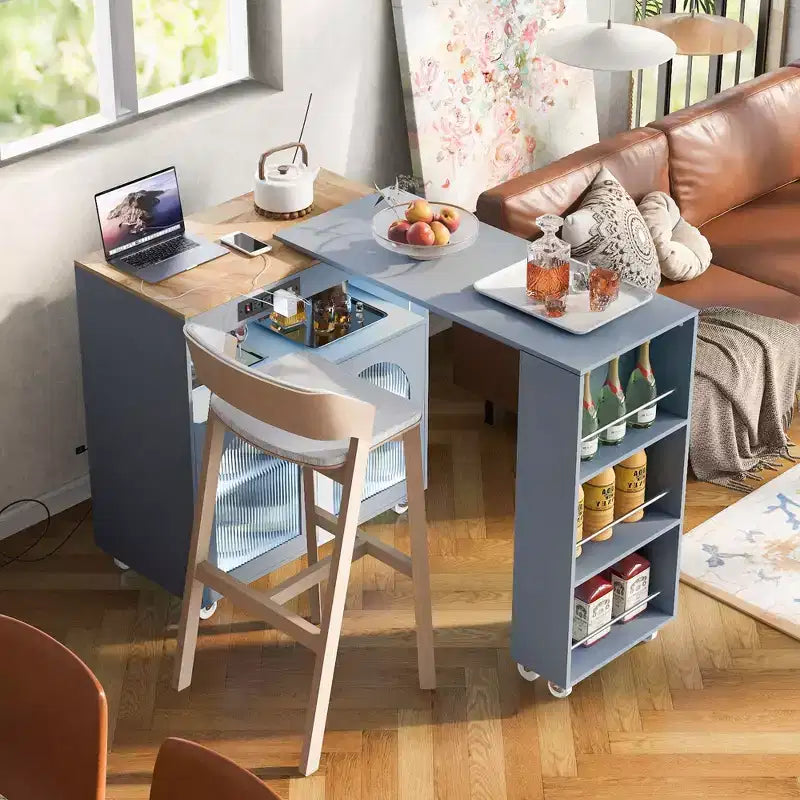 Îlot de cuisine roulant avec 2 portes en verre, Desserte de cuisine avec table extensible et prises de courant, Îlot de cuisine avec étagères ouvertes latérales