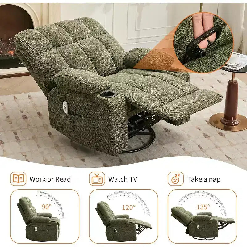 Fauteuil inclinable surdimensionné pour adultes, canapé berçant pivotant manuel, poches latérales et porte-gobelets pour personnes fortes et de grande taille, salon