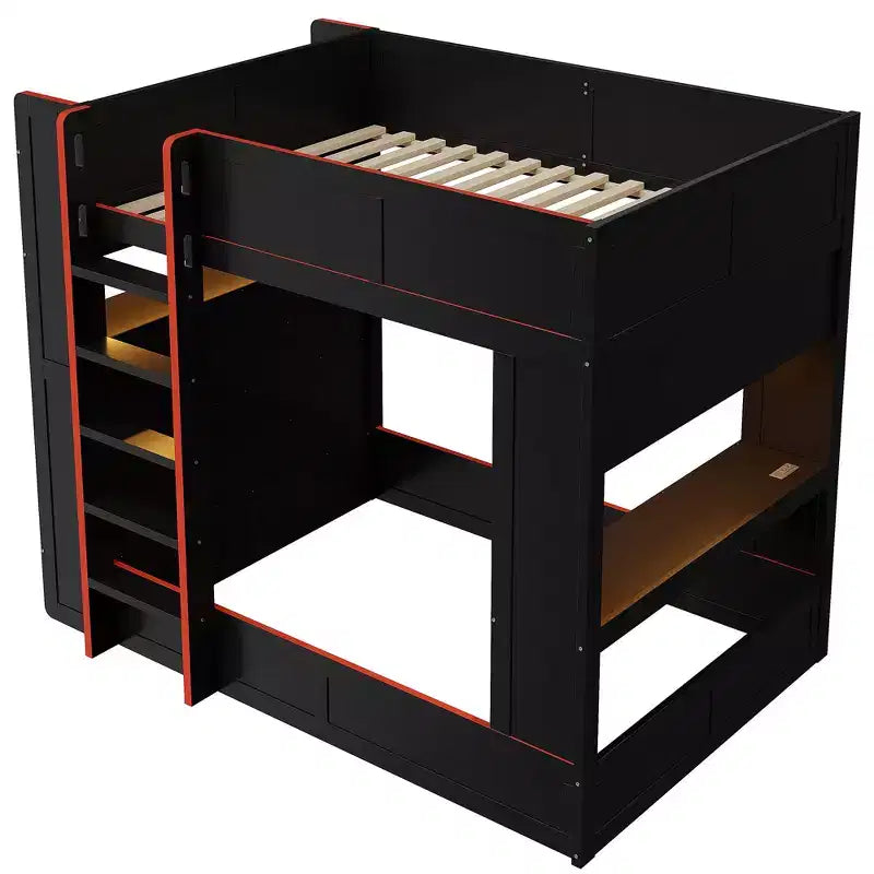 Lit superposé de jeu en bois pleine grandeur avec bureau intégré, étagères de rangement, lumières LED 7 couleurs et station de charge, noir - ModernLuxe