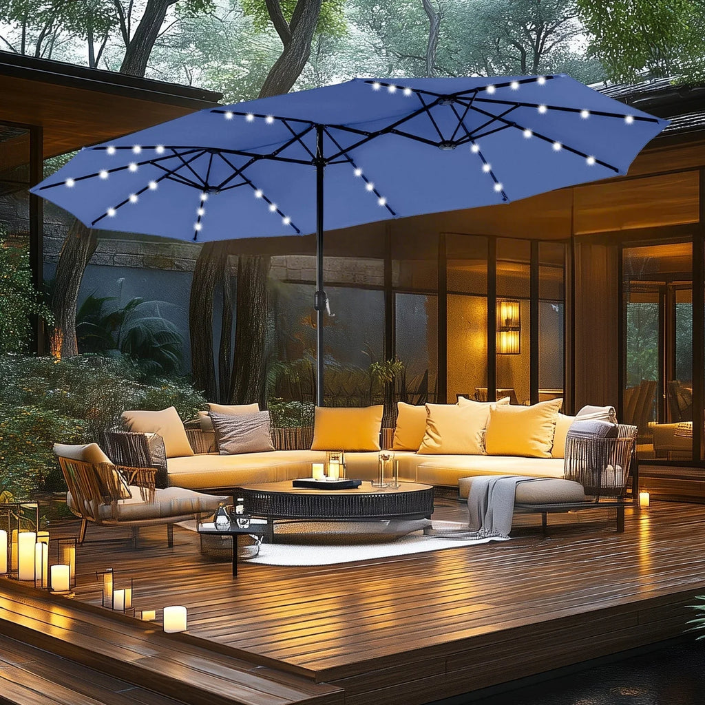 MAISON ARTS Parasol excentré rectangulaire de 4,5 m avec manivelle, parasol de marché double face d'extérieur avec lumières LED solaires et base incluse