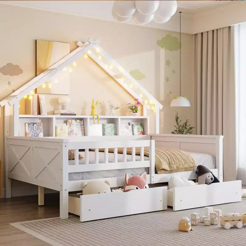 Cadre de lit maison pleine grandeur avec tiroirs, lit plate-forme maison avec lumières LED, étagères de rangement et tiroirs, lit de repos en bois avec toit et garde-corps