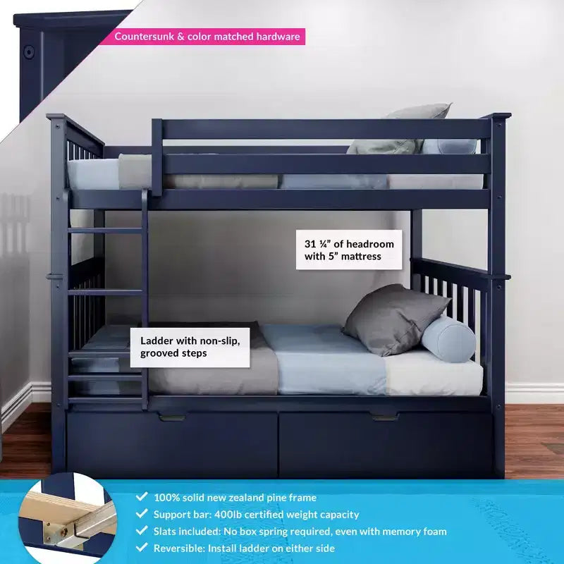 Lit superposé en bois massif pour enfants avec tiroirs de rangement