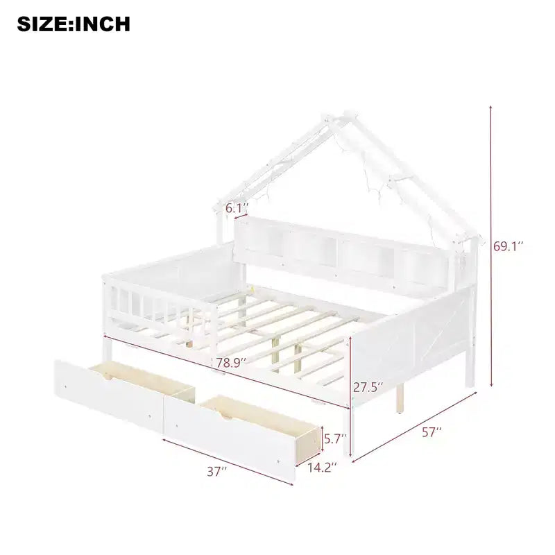 Cadre de lit maison pleine grandeur avec tiroirs, lit plate-forme maison avec lumières LED, étagères de rangement et tiroirs, lit de repos en bois avec toit et garde-corps