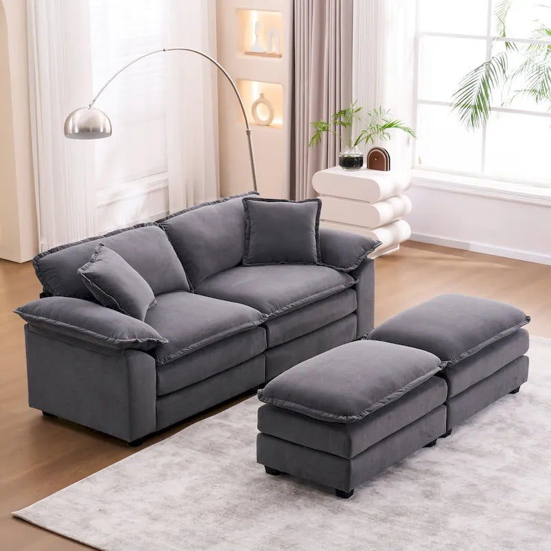 Canapé 2 places avec 2 coussins de siège, 2 oreillers et 2 poufs, canapé confortable - Canapé profond de salon, canapé modulable