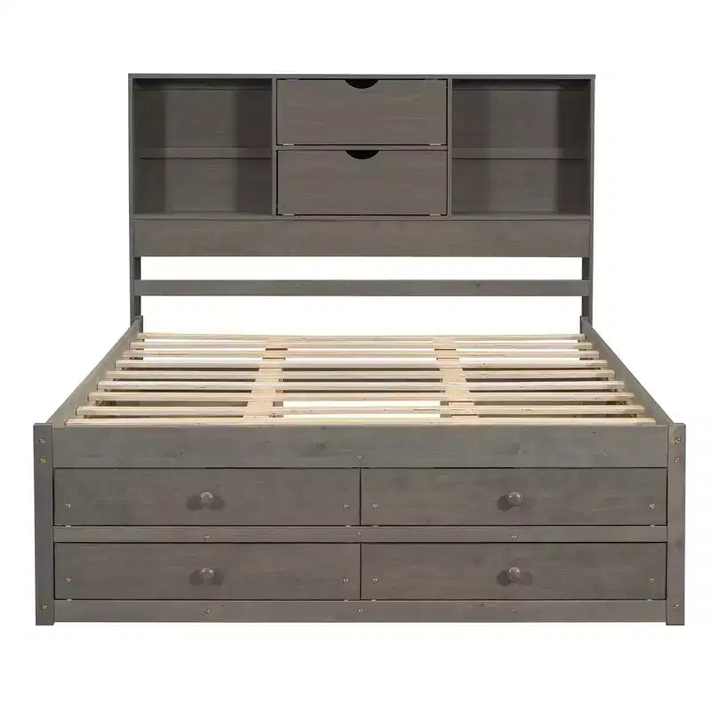Lit plateforme de taille Queen avec étagère de rangement et 8 tiroirs, montage facile