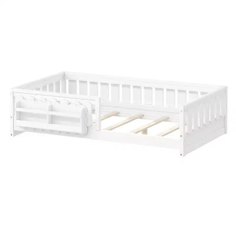Cadre de lit plateforme pour enfant, tailles jumeau et double, avec barrière de sécurité, étagères intégrées et rangements