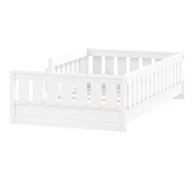 Cadre de lit plateforme pour enfant, tailles jumeau et double, avec barrière de sécurité, étagères intégrées et rangements