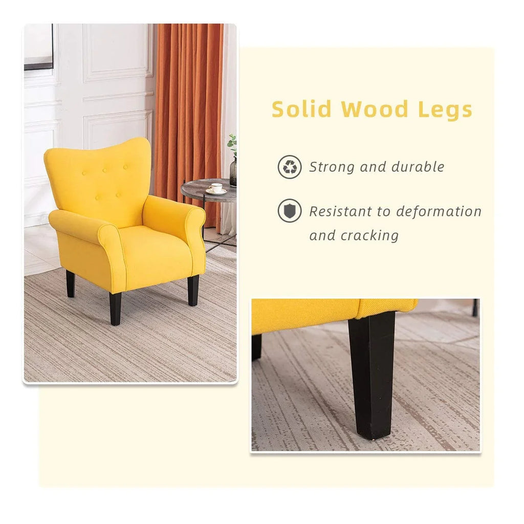 Fauteuil d'appoint moderne Erommy, fauteuil à dossier haut, canapé simple en tissu rembourré avec boutons et pieds en bois pour salon