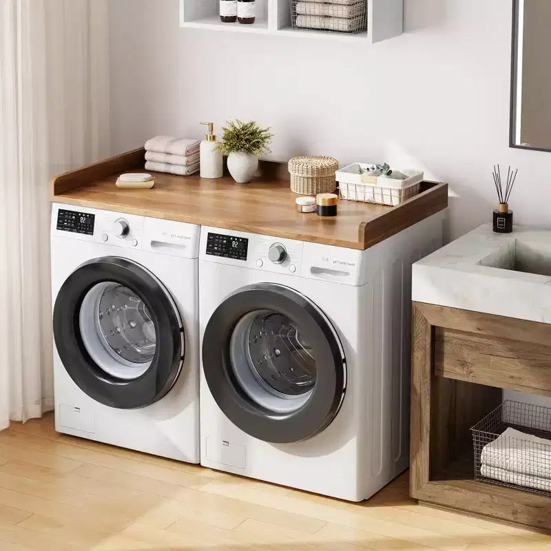 Comptoir pour lave-linge-sécheuse, dessus de machine à laver avec bord surélevé et tapis antidérapant pour le rangement des paniers à linge et l'organisation de la buanderie