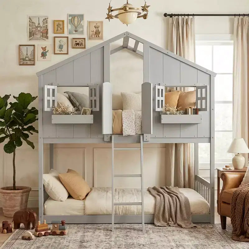Lit mezzanine cabane de taille double, lit mezzanine cabane en bois avec échelle et barrières de sécurité pour enfants