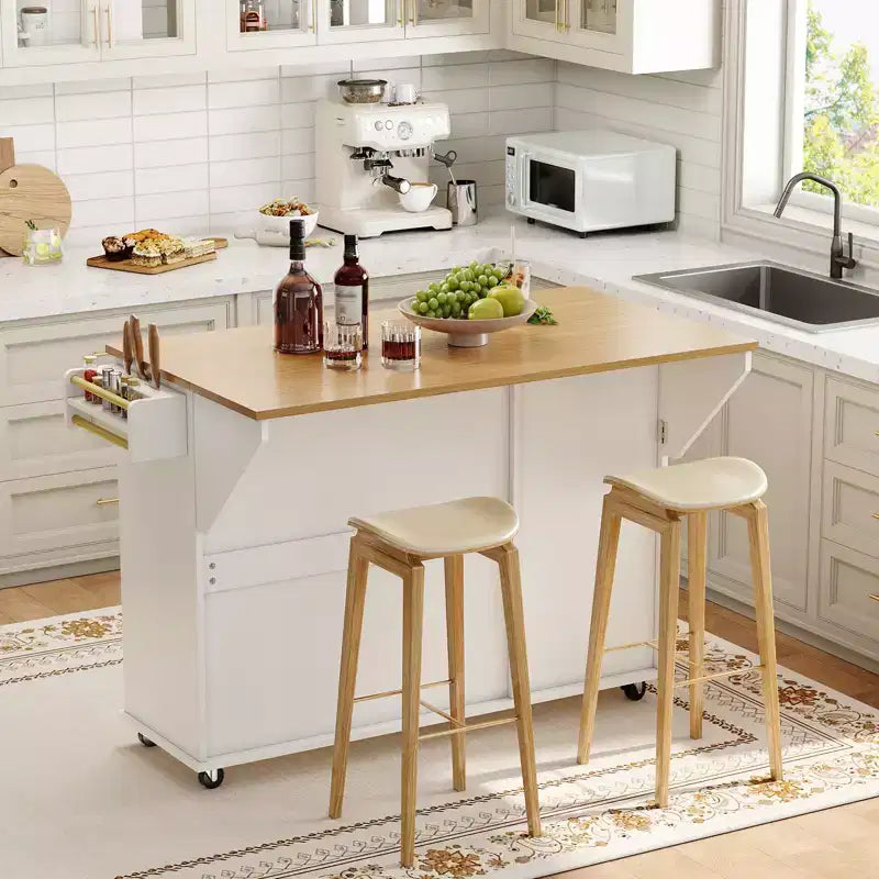 Table îlot mobile 55 avec prise de courant et abattant, chariot de cuisine roulant avec poubelle intégrée pour cuisine