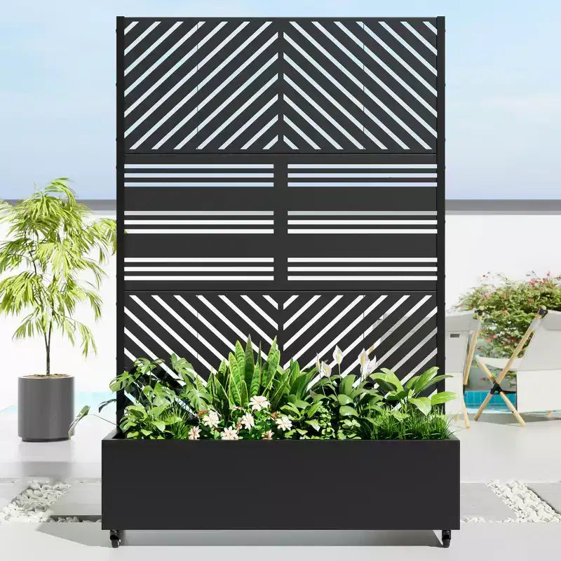 MAYEERTY Jardinière avec treillis en fer noir, ligne parallèle 01, style combiné classique à persiennes, 183x119x41cm, ensemble de 3 pièces