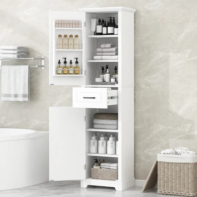 Meuble de salle de bain autoportant avec 2 portes, étagères réglables et rangement de porte, organiseur de salle de bain haut