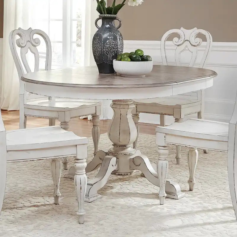 Table à dîner ronde sur pied Magnolia Manor avec rallonges escamotables - 2 finitions