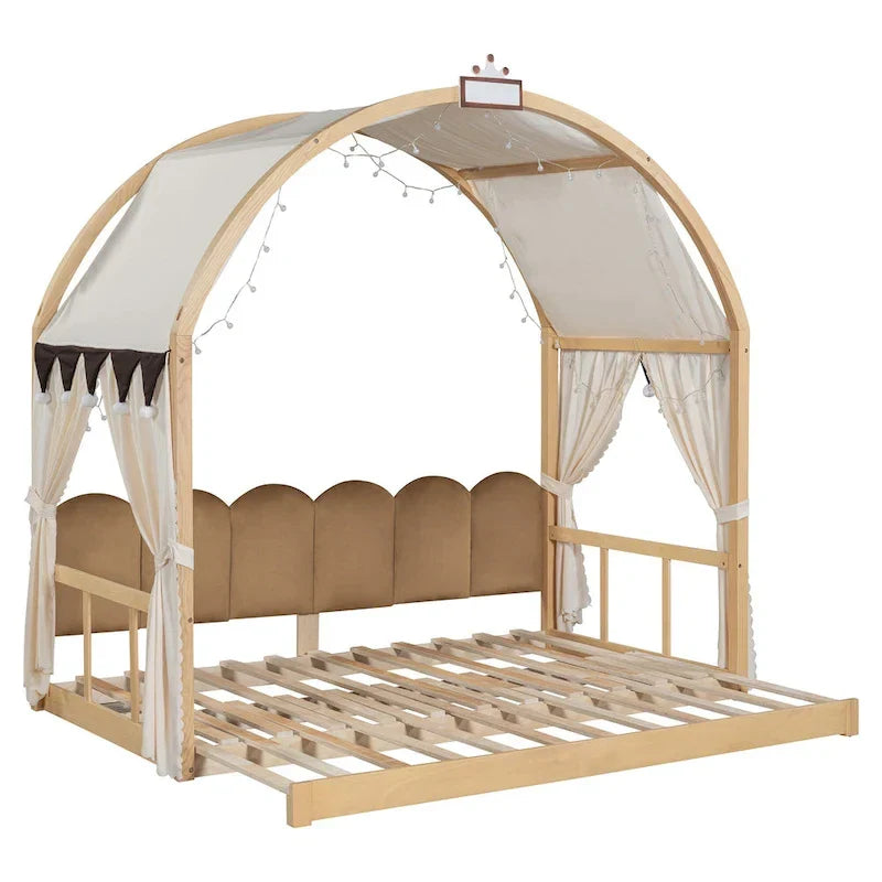 Lit cabane Montessori en bois massif avec plateforme, toit voûté et lit gigogne pour filles et garçons