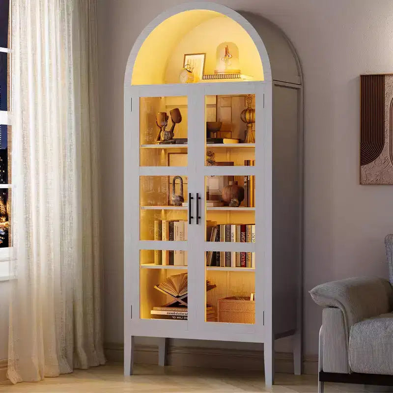 Meuble de rangement, Noir/Blanc, Style Arqué, Simple, 71 po de hauteur avec lumières DEL et portes vitrées