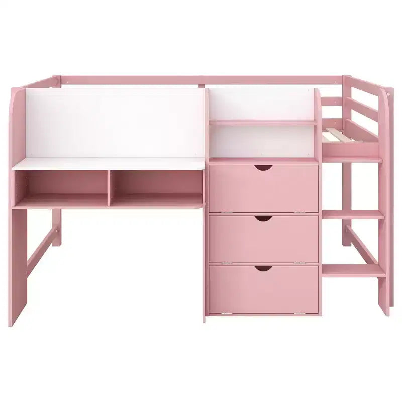 Lit mezzanine bas rose et blanc avec bureau, rangements et tableau blanc – Jumeau, 1 personne