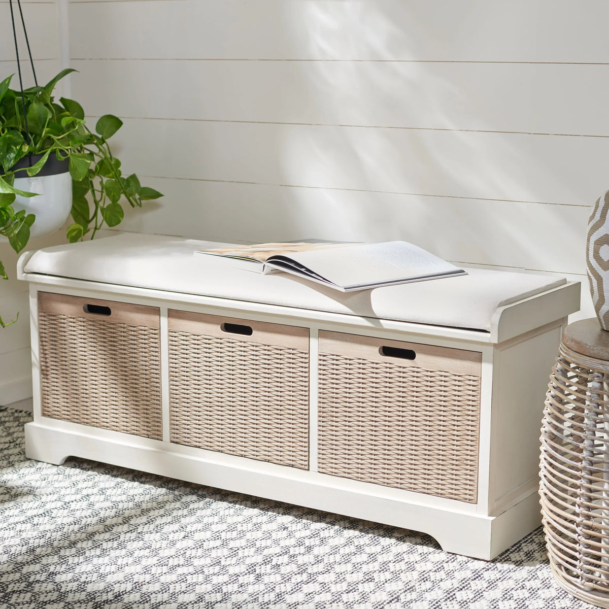 Banc de rangement SAFAVIEH Fiorello 3 tiroirs avec coussin - 47,3 L x 15 P x 19 H - 47Lx15Px19H