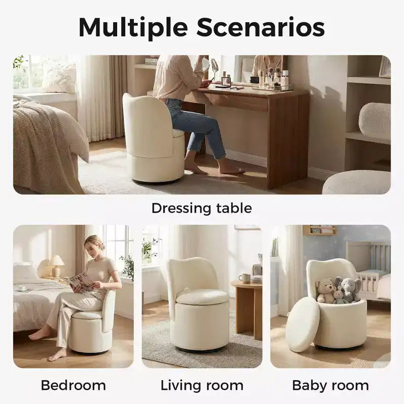 Chaise de vanité pivotante avec rangement, tabouret de maquillage rond rembourré avec dossier, fauteuil d'appoint rembourré doux pour chambre et salon