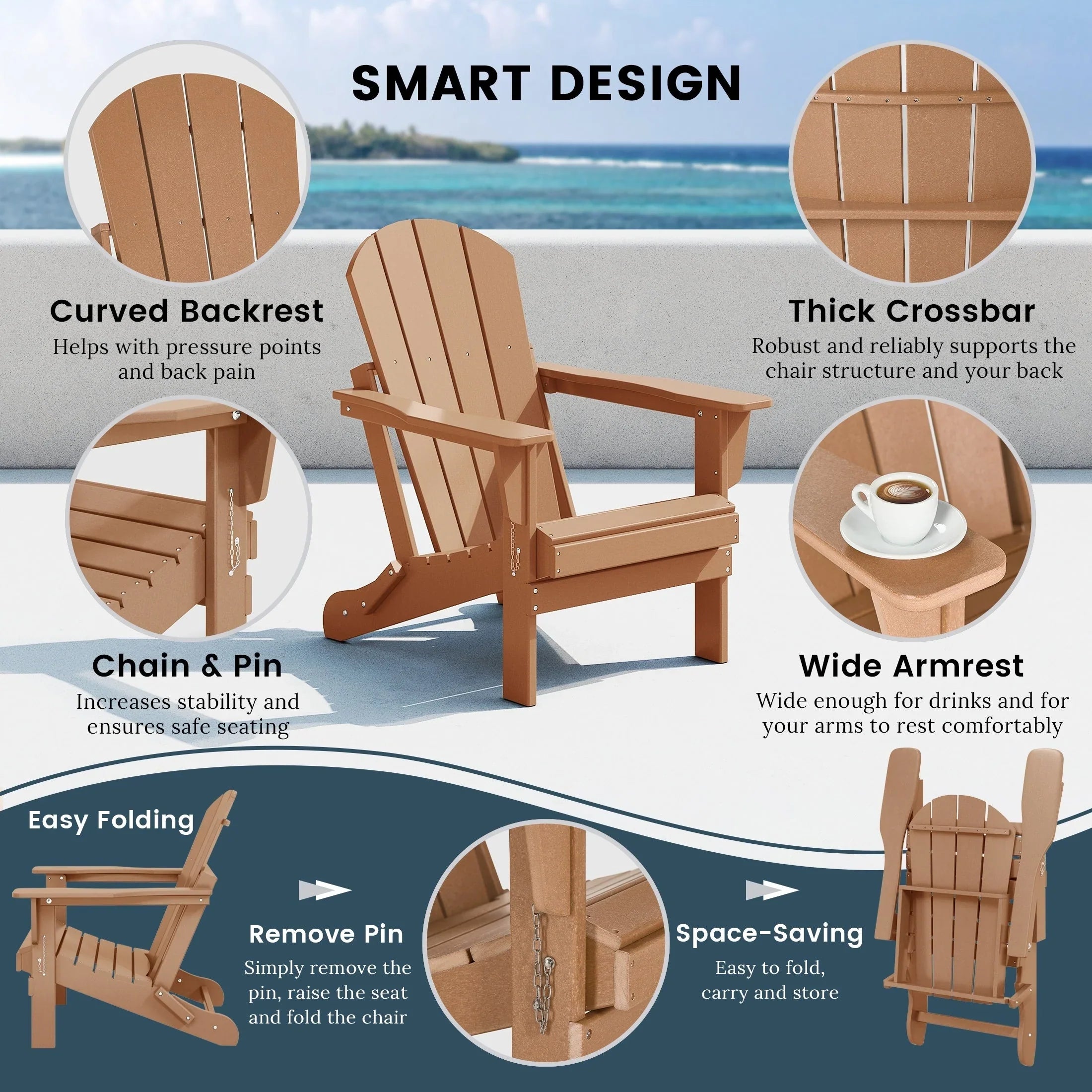 Chaise Adirondack pliante d'extérieur tout temps Polytrends Laguna résistante à la décoloration pour patio